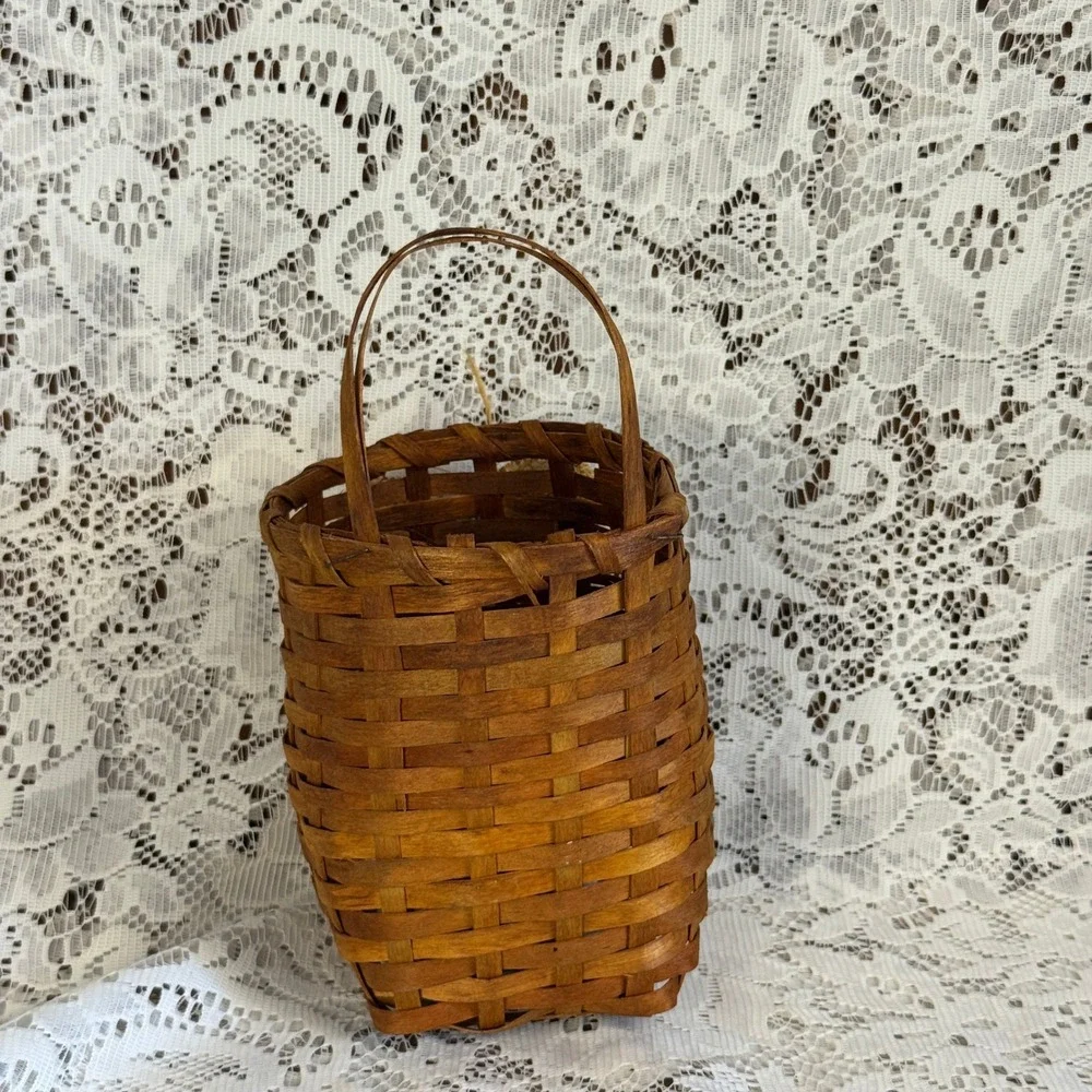Rustic Brown Woven Wood Splint Hanging Basket with Burlap Bow & Bells Primitive